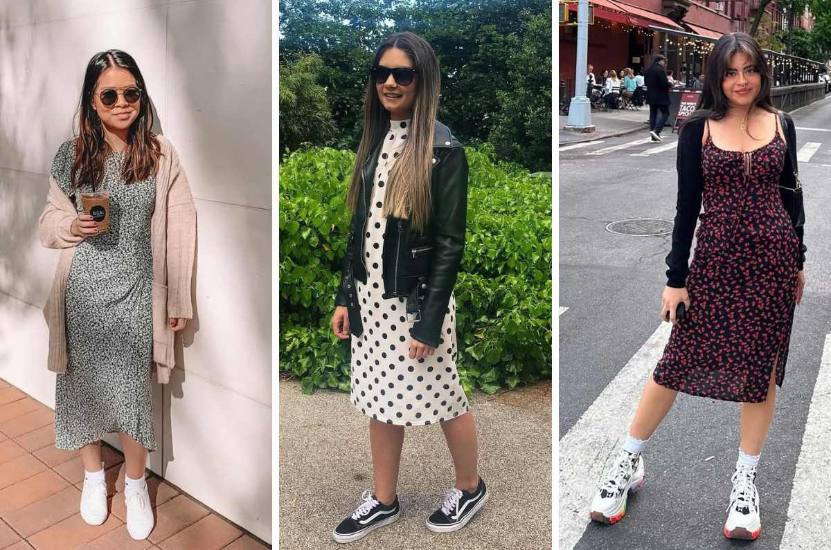 5 outfits con vestidos midi combinados con tenis perfectos para la oficina