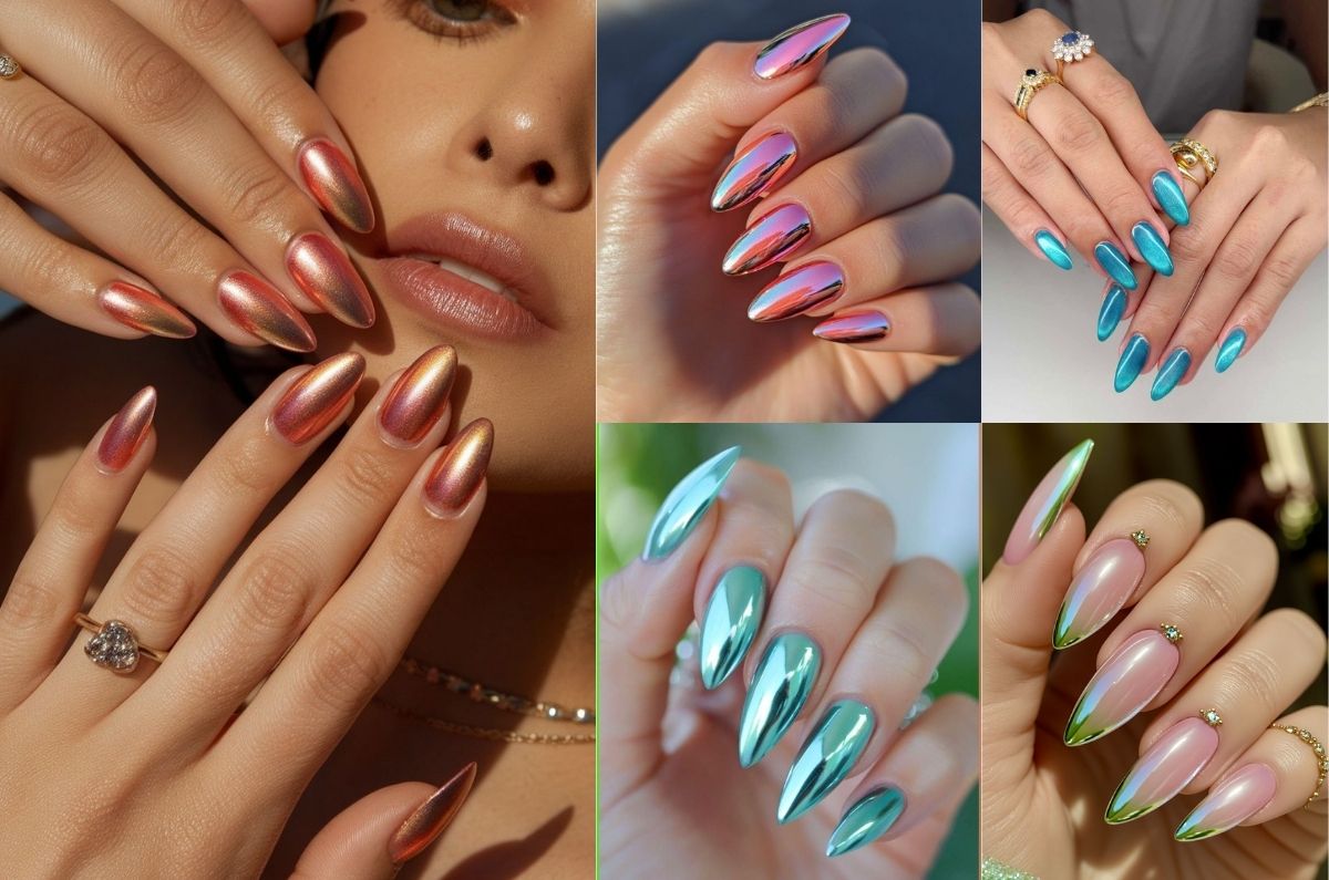 Uñas almendradas con efecto chrome ideales para el verano