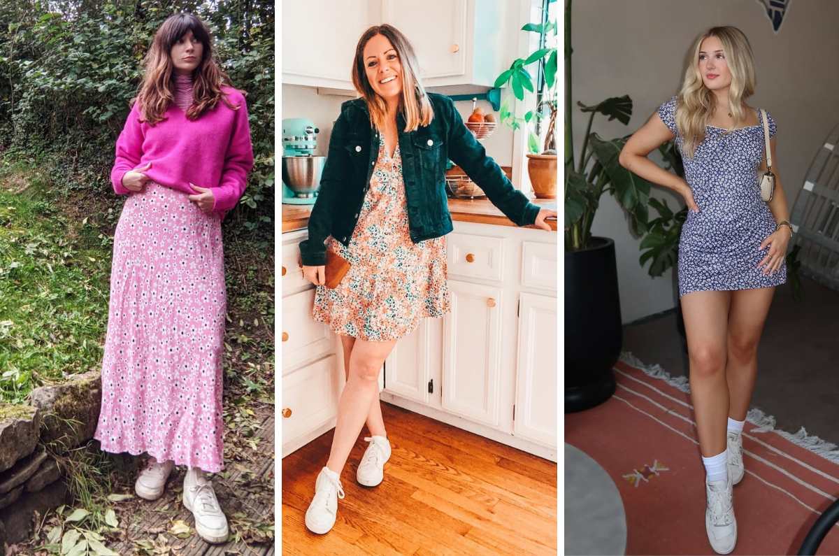 5 outfits con vestidos floreados que puedes llevar con tenis blancos