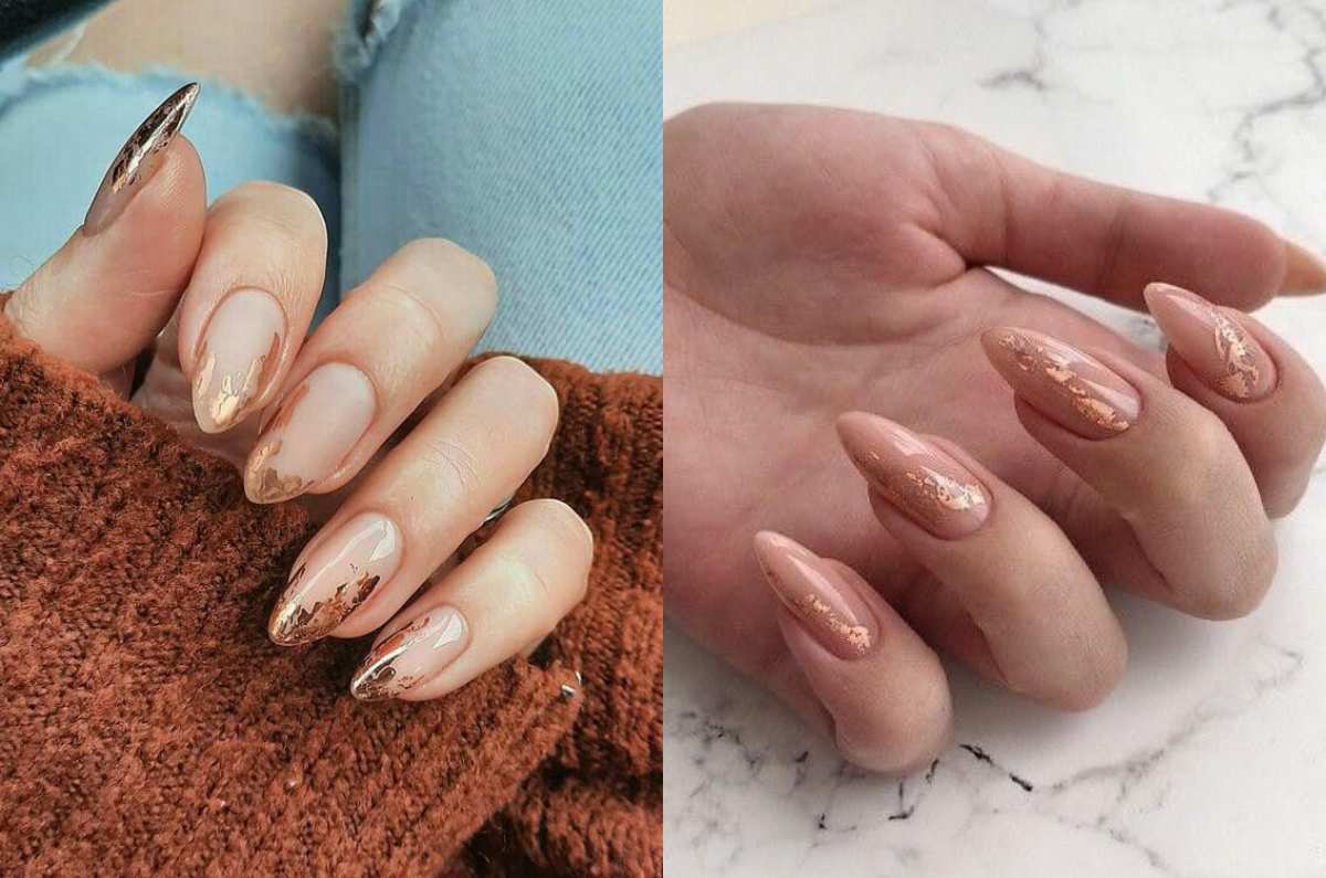 Uñas nude con foil dorado