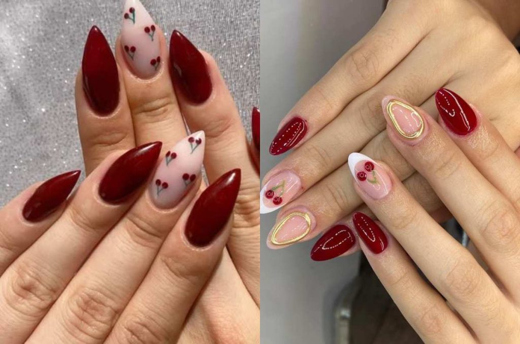 uñas almendradas color cherry