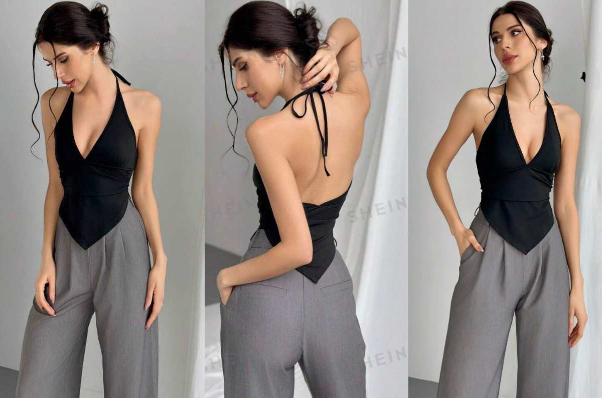 5 outfits con blusas escote halter para favorecer a mujeres con espalda ancha
