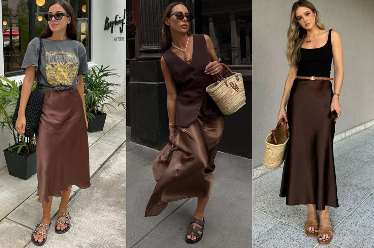 5 outfits con faldas satinadas color café para mamás que quieren verse a la moda