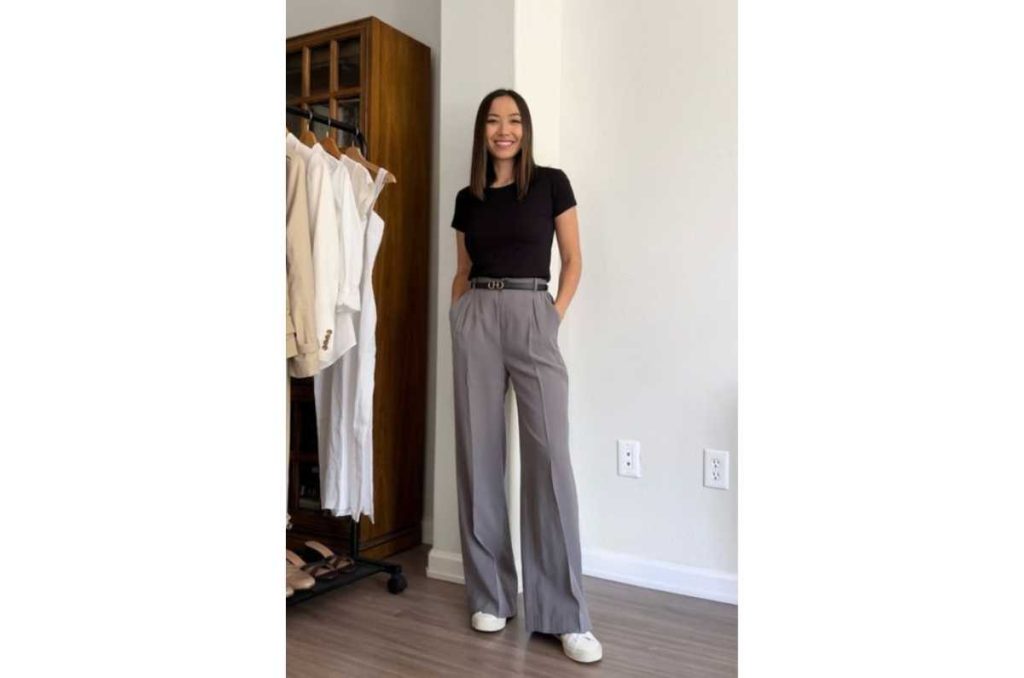 Outfits arregladas con tenis y pantalon de vestir para la lluvia
