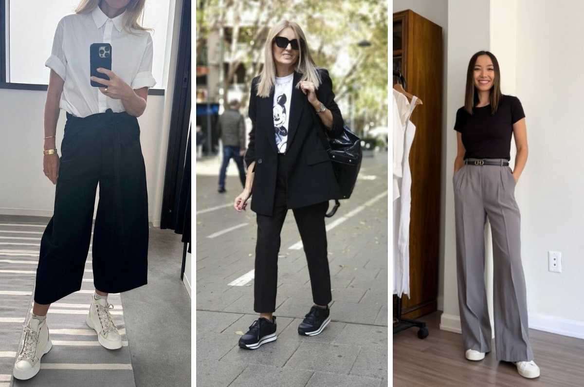 5 outfits arreglados con tenis para ir a la oficina en temporada de lluvia