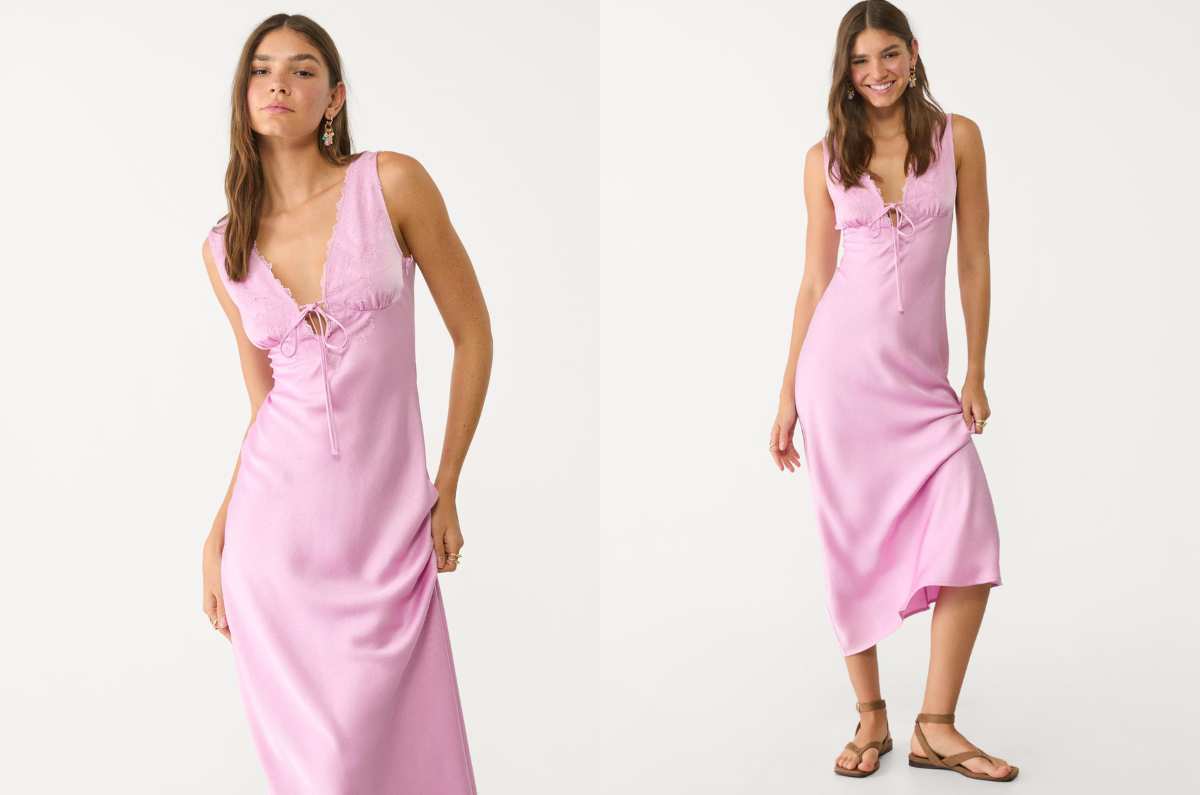 Este vestido satinado de Stradivarius es el aliado perfecto para realzar tu bronceado este verano