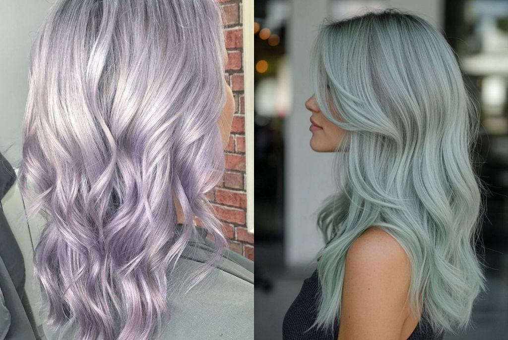 Mujer con cabello rosa claro con matices plateados y frosted mint verde hielo, mostrando colores fantasía de invierno