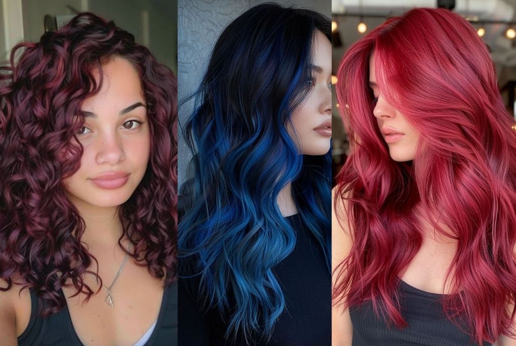 Mujeres con cabello en tonos fantasía de otoño: Velvet Burgundy, Emerald Green y Midnight Blue, mostrando colores intensos y sofisticados