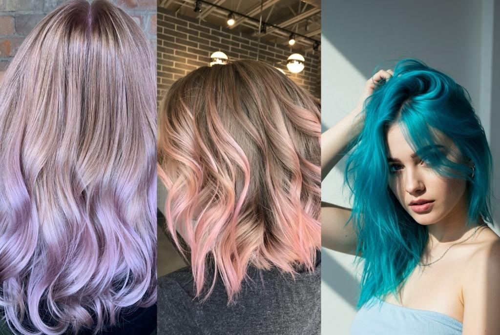 Tres opciones de colores fantasía para cabello en primavera: azul neón, rosa claro y morado claro
