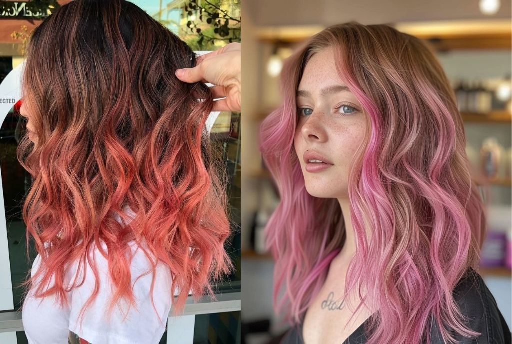 Cabello con colores fantasía para verano: electric coral naranja neón y rosa, UV pink neón rosa y sunset hair degradado de rojo, naranja y fucsia