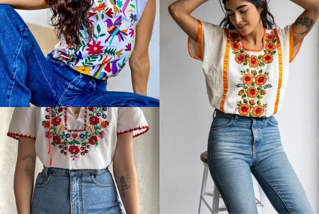 Imagen dividida en tres con tres chicas luciendo blusas campesinas bordadas con flores, combinadas con jeans. Estas prendas tradicionales reflejan la riqueza textil mexicana y forman parte de una propuesta de 5 outfits patrióticos que incorporan los colores verde, blanco y rojo con un estilo casual y auténtico