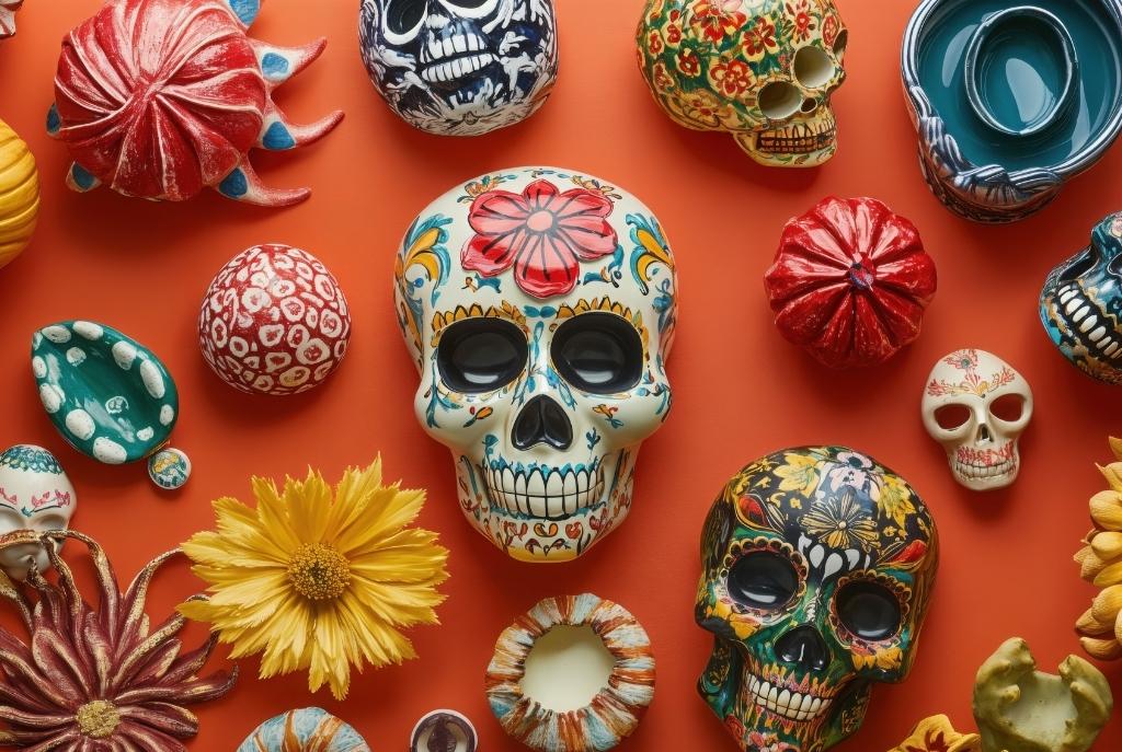 Calaveras pintadas de colores sobre fondo naranja, inspirando a crear y personalizar calaveritas literarias para celebrar el Día de Muertos con creatividad