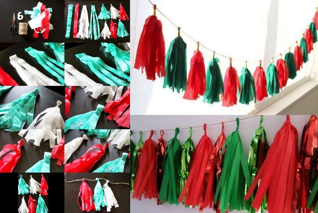 Papeles de colores patrios en tonos verde, blanco y rojo colgados en un tendedero tipo pompones, creando una decoración artesanal para adornos para el 15 de septiembre