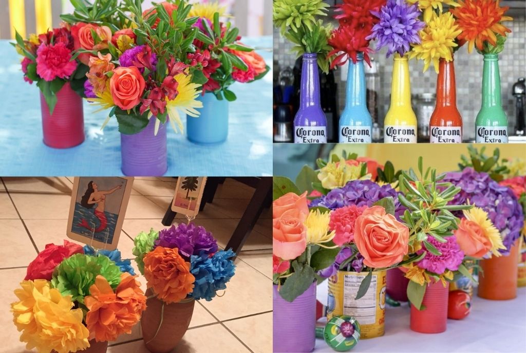 Imagen dividida en cuatro con floreros hechos de objetos reutilizados como botellas de cerveza, latas y jarritos de barro, todos llenos de flores de colores vivos, ideales como adornos para el 15 de septiembre y decoración patriótica en casa