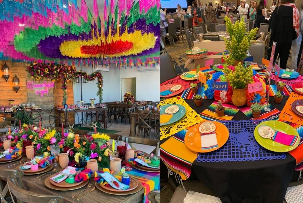 Imagen dividida en dos mostrando dos mesas decoradas con flores, papel picado y colores vivos en estilo mexicano, ideales para montar un rincón gastronómico como adornos para el 15 de septiembre