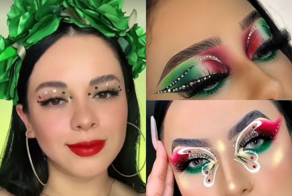 Mujeres con delineados gráficos fáciles para el 15 de septiembre en color verde, blanco y rojo decorado con piedritas