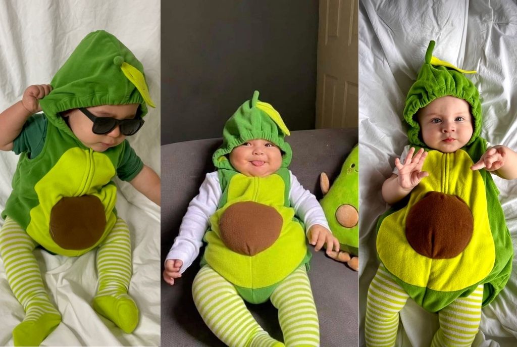 Imagen dividida en tres con tres bebés disfrazados de aguacate, usando trajes con forma de la fruta y medias verdes. Una idea divertida y original para Halloween para tu bebé