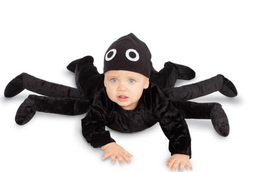 Bebé de ojos azules disfrazado de araña negra, ideal para Halloween para tu bebé. Disfraz tierno, cómodo y divertido