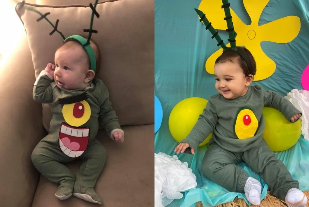 Imagen dividida en dos con dos bebés disfrazados de Plankton de Bob Esponja, usando mameluco verde, un ojo y sonrisa malvada hechos de foami, y diadema verde con antenitas. Halloween para tu bebé