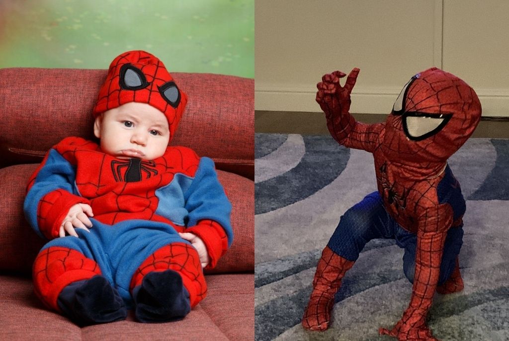Imagen dividida en dos: a la izquierda, un bebé sentado en un sofá rojo disfrazado de Spiderman; a la derecha, un niño disfrazado del mismo personaje haciendo la icónica pose sobre una alfombra azul. Una idea perfecta para Halloween para tu bebé