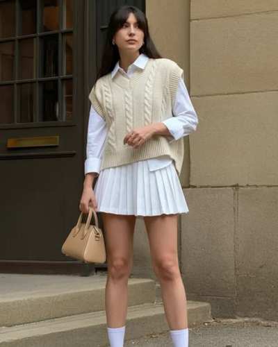 Outfit con falda plisada y chaleco tejido