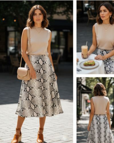 Falda de serpiente y top beige.