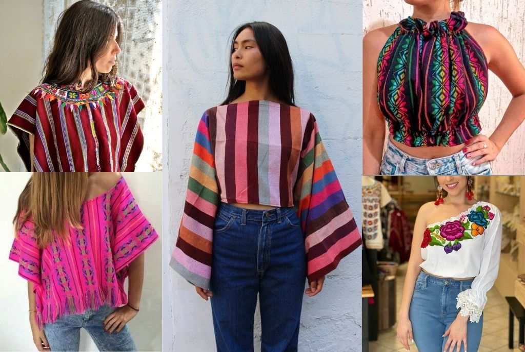 Imagen dividida en cinco con cinco chicas usando huipiles de colores vibrantes combinados con jeans. Cada outfit celebra la moda tradicional mexicana en una versión moderna y cómoda, formando parte de una propuesta de 5 outfits patrióticos que resaltan los colores verde, blanco y rojo con estilo casual