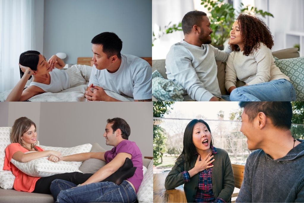 Cuatro parejas sentadas platicando y sonriendo, disfrutando de un juego llamado Historias al azar donde inventan cuentos divertidos usando palabras escritas en papelitos, una forma creativa y divertida de compartir en pareja