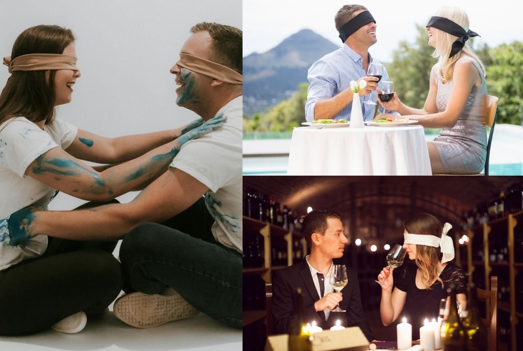 Tres parejas con los ojos vendados jugando a dibujar a ciegas en diferentes escenarios como comida, cena y un espacio cómodo, disfrutando de un reto divertido y lleno de risas, una forma original de juegos en pareja
