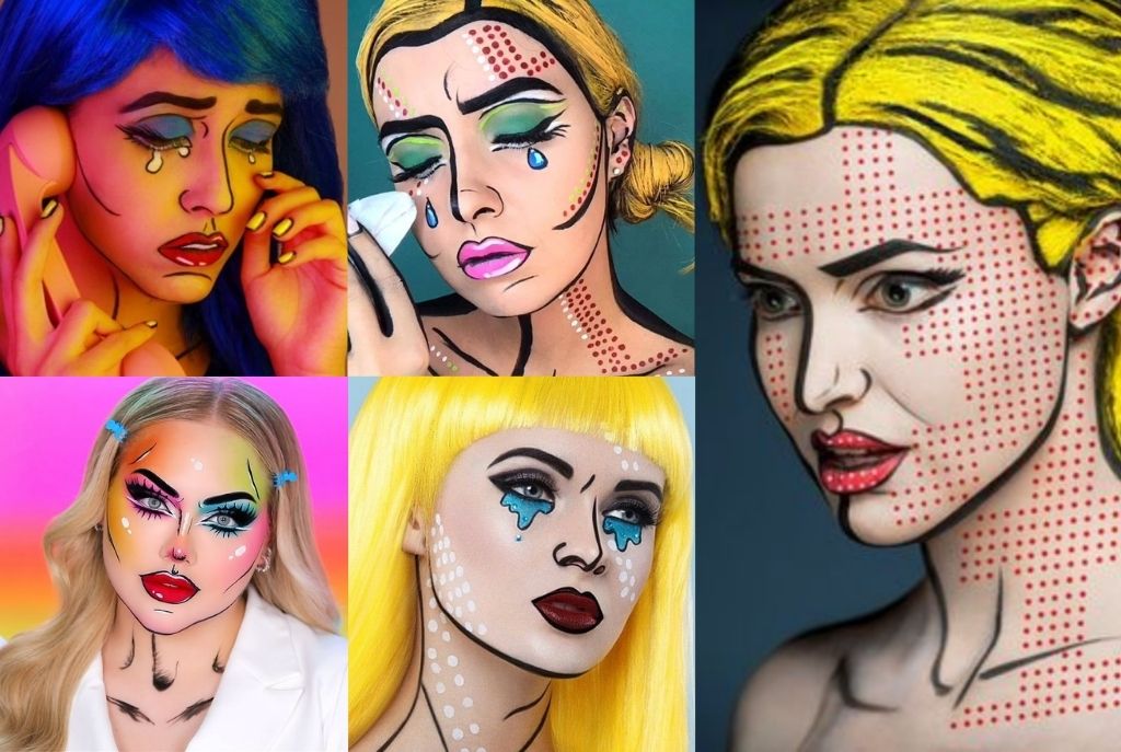 Collage de cinco chicas con maquillaje estilo pop art, cada una con un diseño de cómic triste en tonos llamativos, lágrimas dibujadas y expresiones dramáticas