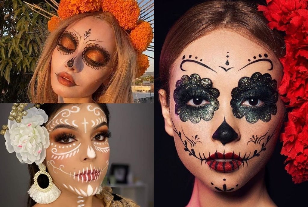 Mujer con maquillaje de catrina en tonos tradicionales para Halloween
