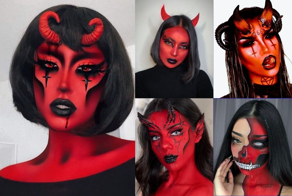 Mujer con maquillaje de demonio en tonos rojos y negros con detalles intensos