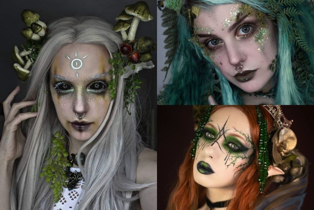 Mujer con maquillaje de hada malévola con brillos, tonos oscuros y detalles fantásticos