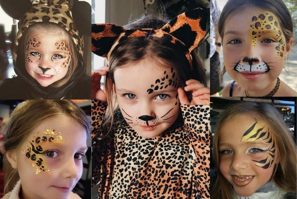 Imagen dividida en cinco cuadros que muestran primeros planos de niñas maquilladas y disfrazadas de gato leopardo para Halloween. Cada una luce maquillaje detallado con manchas, bigotes y colores característicos, complementado con orejas y accesorios que resaltan su look felino y divertido