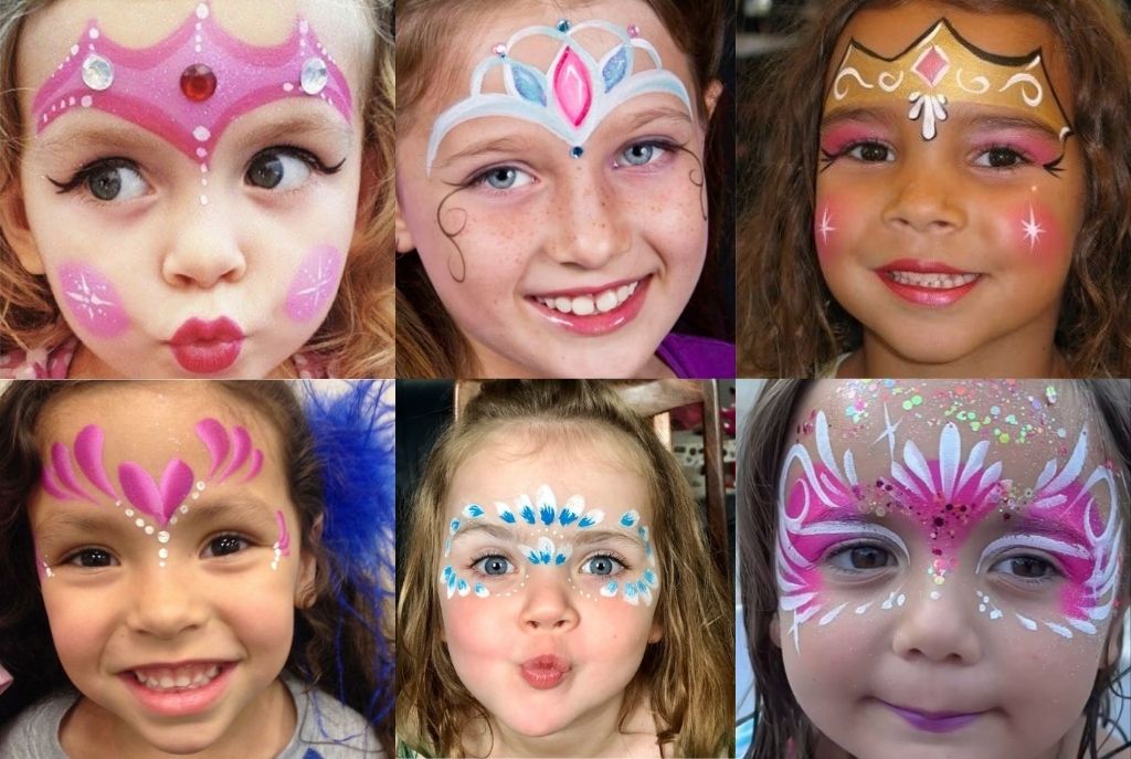 Imagen dividida en seis cuadros que muestran primeros planos de niñas con maquillaje de princesa para Halloween. Cada niña tiene un estilo diferente, con detalles delicados como brillo, colores pastel, y decoraciones que resaltan su look mágico y adorable