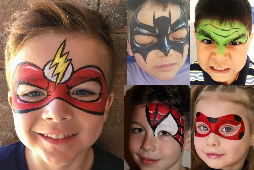 Imagen dividida en cinco cuadros que muestran primeros planos de niños con maquillaje de superhéroes para Halloween. Cada niño luce un diseño diferente que incluye símbolos, colores y detalles icónicos de sus personajes favoritos, reflejando diversión y valentía