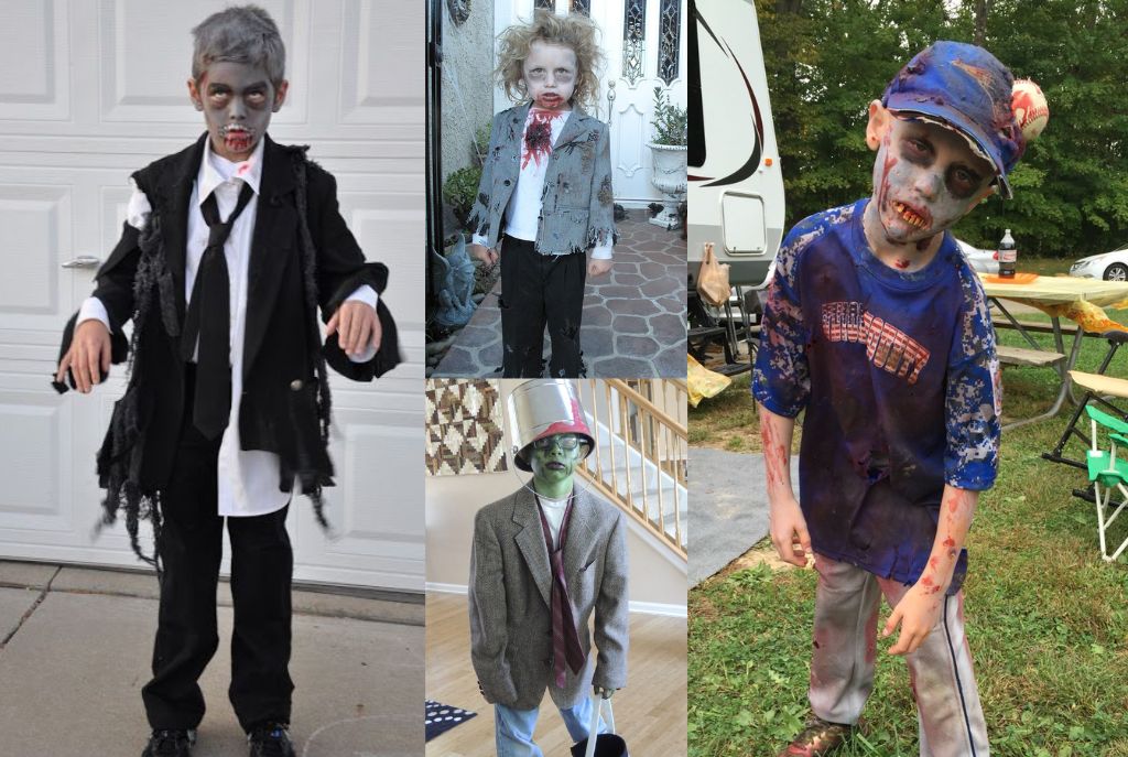 Imagen dividida en cuatro cuadros que muestran niños maquillados de zombies. Cada niño lleva un disfraz y accesorios diferentes, desde ropa desgarrada hasta detalles sangrientos y efectos de maquillaje que simulan heridas y piel descompuesta