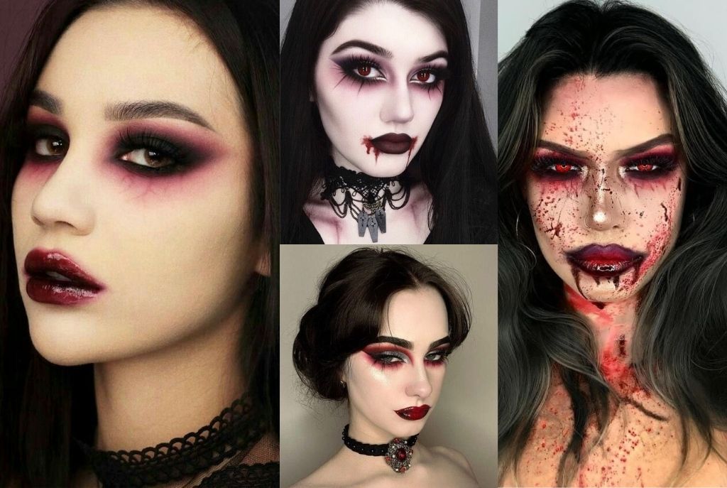 Mujer con maquillaje de vampiro con labios rojos y detalles oscuros en los ojos