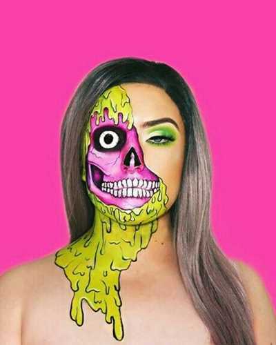 Maquillaje de Halloween estilo zombie glam con piel pálida, detalles de sangre y brillo