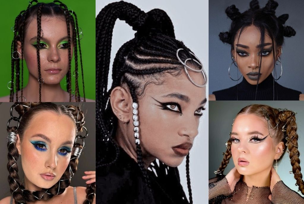 Imagen dividida en cinco partes con cinco chicas mostrando peinados y maquillajes de alíen del espacio exterior para Halloween. Llevan trenzas futuristas con accesorios metálicos y pintura facial creativa, en un estilo fácil y rápido para hacer en casa