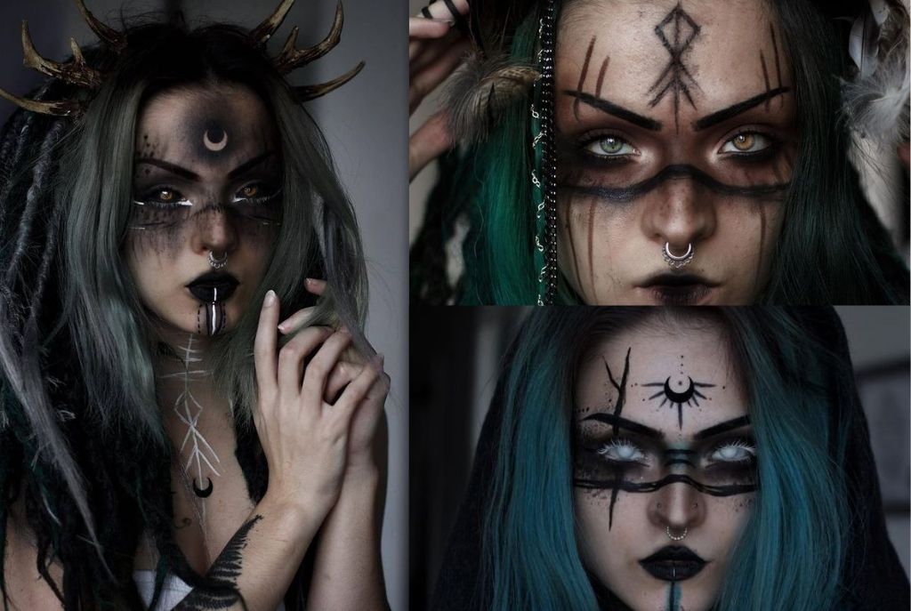Imagen dividida en tres tomas de una chica con disfraz y maquillaje de bruja malvada para Halloween. Lleva el cabello azul con ondas retorcidas y un sombrero de bruja, en un look dramático y fantasioso