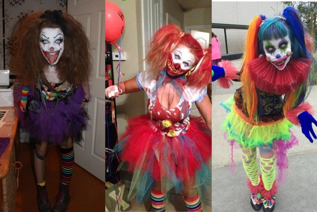 Imagen dividida en tres partes con tres chicas mostrando maquillaje y disfraz de payaso siniestro para Halloween. Todas tienen rizos desordenados, colores vibrantes en su vestuario y medias rotas, con un maquillaje sangriento y aterrador