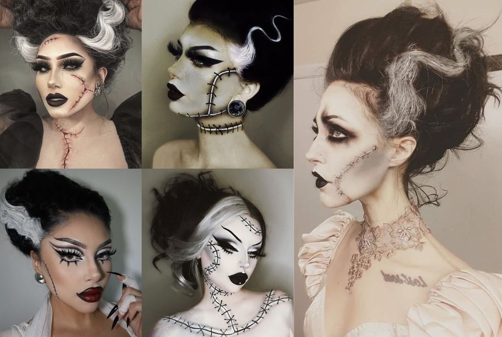 Imagen dividida en cinco partes con cinco chicas mostrando su disfraz y maquillaje de Frankenstein para Halloween. Todas llevan el cabello electrizado con gel o espuma y un mechón teñido de blanco, con un peinado fácil de hacer en casa