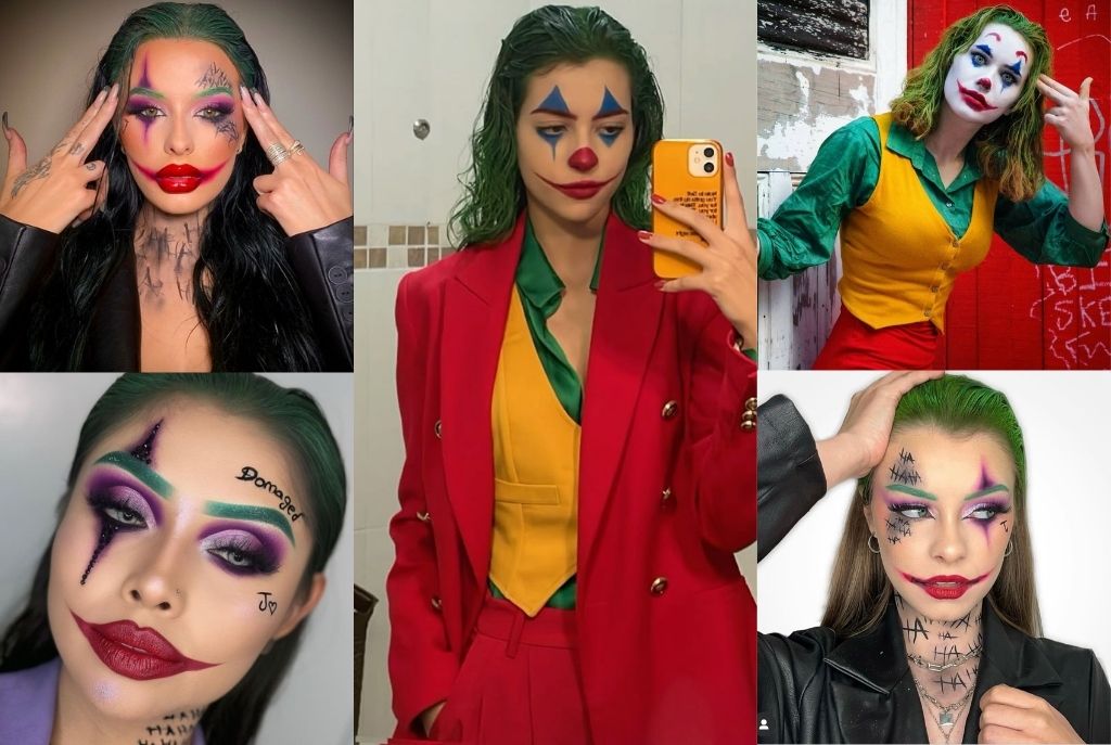 Imagen dividida en cinco partes con cinco chicas disfrazadas y maquilladas como El Joker para Halloween. Todas tienen cabello teñido de verde, peinados alborotados, maquillaje con sonrisa diabólica y ropa en tonos rojo, amarillo, verde y negro