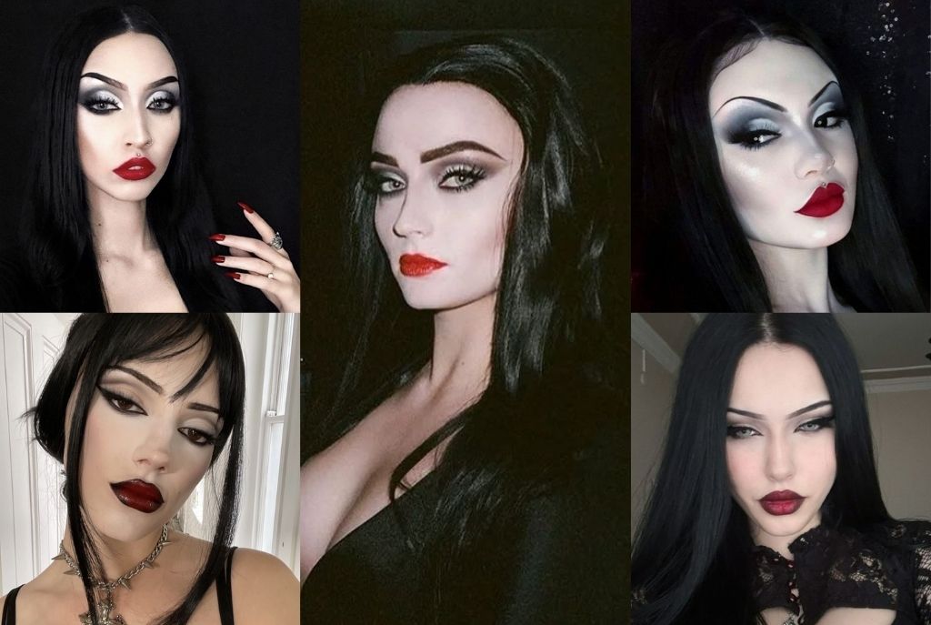 Imagen dividida en cinco partes con cinco chicas mostrando su maquillaje y atuendo para Halloween como Morticia Addams. Todas llevan el cabello liso y oscuro, vestidos largos negros elegantes y uñas largas rojas, recreando un look clásico y sofisticado