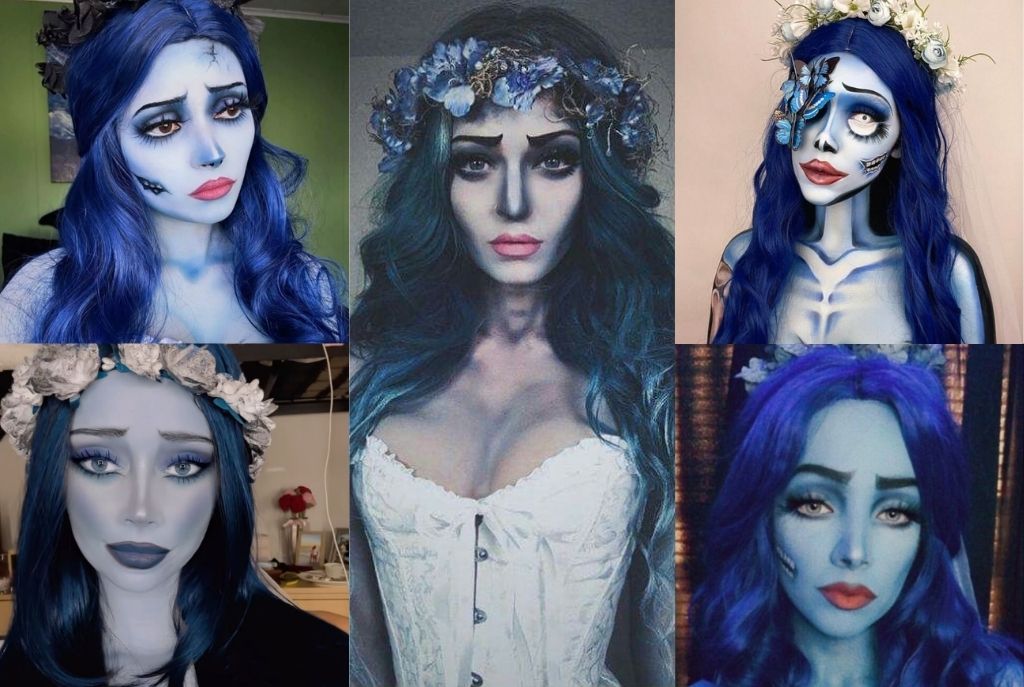 Imagen dividida en cinco partes con cinco chicas disfrazadas de Emily, del filme El cadáver de la novia de Tim Burton. Todas llevan cabello azul con trenzas entrelazadas, recreando un peinado casero ideal para Halloween