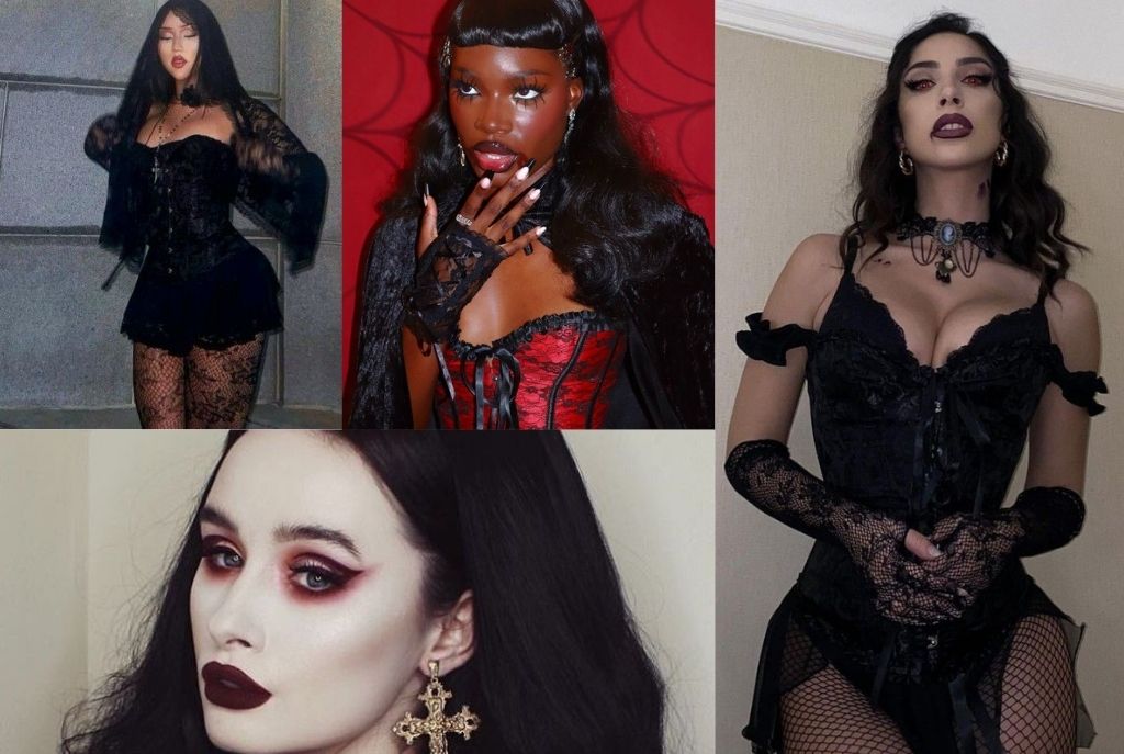 Imagen dividida en cuatro partes con cuatro chicas mostrando maquillaje y vestuario de vampiro seductor para Halloween. Todas tienen piel pálida, ondas góticas en el cabello, colmillos falsos y ropa negra con diferentes texturas, complementadas con un labial rojo intenso
