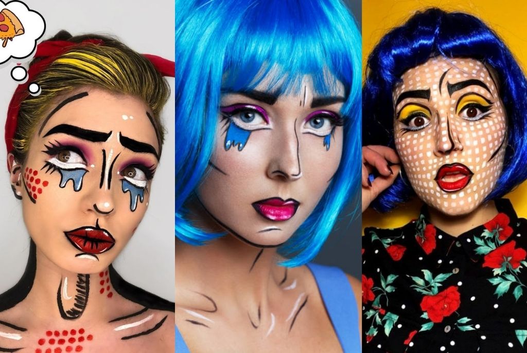 Tres chicas con maquillaje clásico de cómic, con líneas negras definidas, colores vibrantes y detalles de puntos estilo pop art
