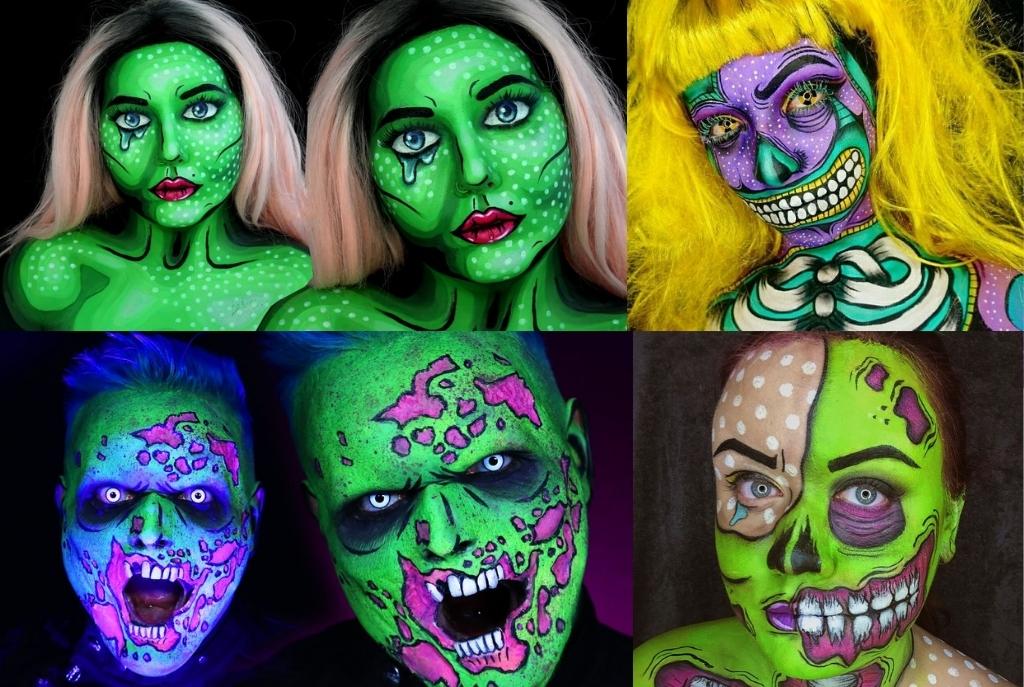 Collage de cuatro maquillajes estilo pop art en verde neón, con detalles gráficos que recuerdan a cómics, para Halloween