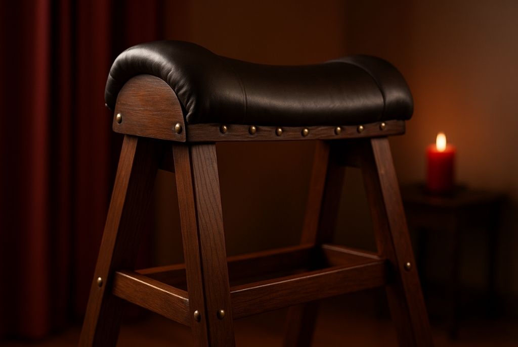 Potro del amor de madera con cojín y vela roja encendida de fondo, un mueble ergonómico para descubrir cómo usar el potro del amor y disfrutar variedad de posturas